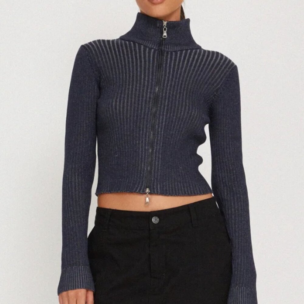 Motel Tuzifa Ribbed Cropped Jumper in Navy Blue M